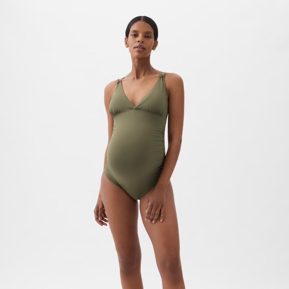 NWT GAP Maternity Strappy V-Neck One-Piece Swimsuit S Olive Green